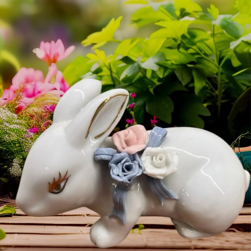 Vintage Porcelain Bunny Floral Rose Bow Cottage Core Farmhouse Mid Century White